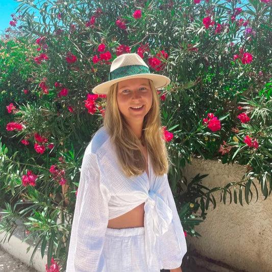 Boho hoed beige & blauw/groene band